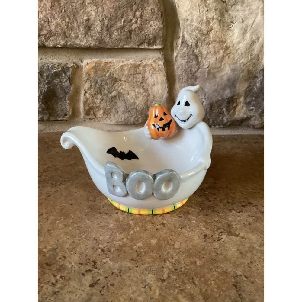 Halloween Boo Ghost Candy Dish Bowl Fitz And Floyd Bat Pumpkin Ceramic Small - Picture 2 of 6